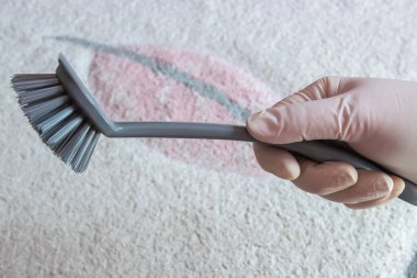 Temizlik için lastik eldiven ve fırça verin. Yerleri temizlemek için plastik gri fırça.. 
