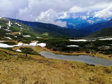 Dağ manzarası, yeşil orman, tepelerde kar bulutlu mavi gökyüzü, küçük göl, Ukrayna Karpatı