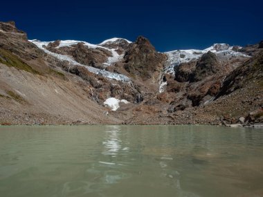 Kuzey İtalya, Valle d 'Aosta' daki Monte Rosa Massif 'te Lyskamm Dağı, Lys Buzulu ve gölü manzarası. İklim değişikliği yüzünden geri çekiliyoruz.