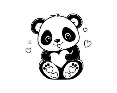 Sevimli bebek panda elinde kalp vektör çizimi, sevgililer günü tişörtü, çift hediyesi, aşk panda kalbi