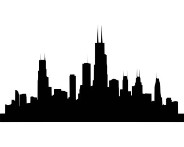 Chicago şehrinin siluet arka planı. Chicago City, ABD 'nin siyah beyaz silueti. Şehir Görünümü Vektörü