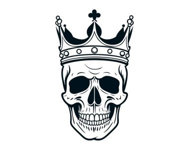 Havalı bir taç takan el yapımı kafatası. Kafatası Kralı. Crown ink tarzı vektör illüstrasyonunda kötülük. Klasik Kraliyet Ortaçağ tarzı.