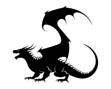 Siyah ejderhanın silueti beyaz arkaplan vektör illüstrasyonunda izole edilmiş. Batı mitolojisi wyvernleri.