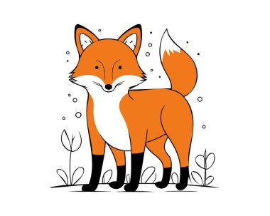 Sevimli çizgi film tilkisi ve çiçekler modern düz tarzda. İzole vektör çizimi. Çocuk kitabı tilki eli çizilmiş.