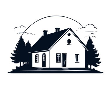 Ormanda modern bir ev. Açık kulübe kulübesi. Basit minimalist çam ağacı.