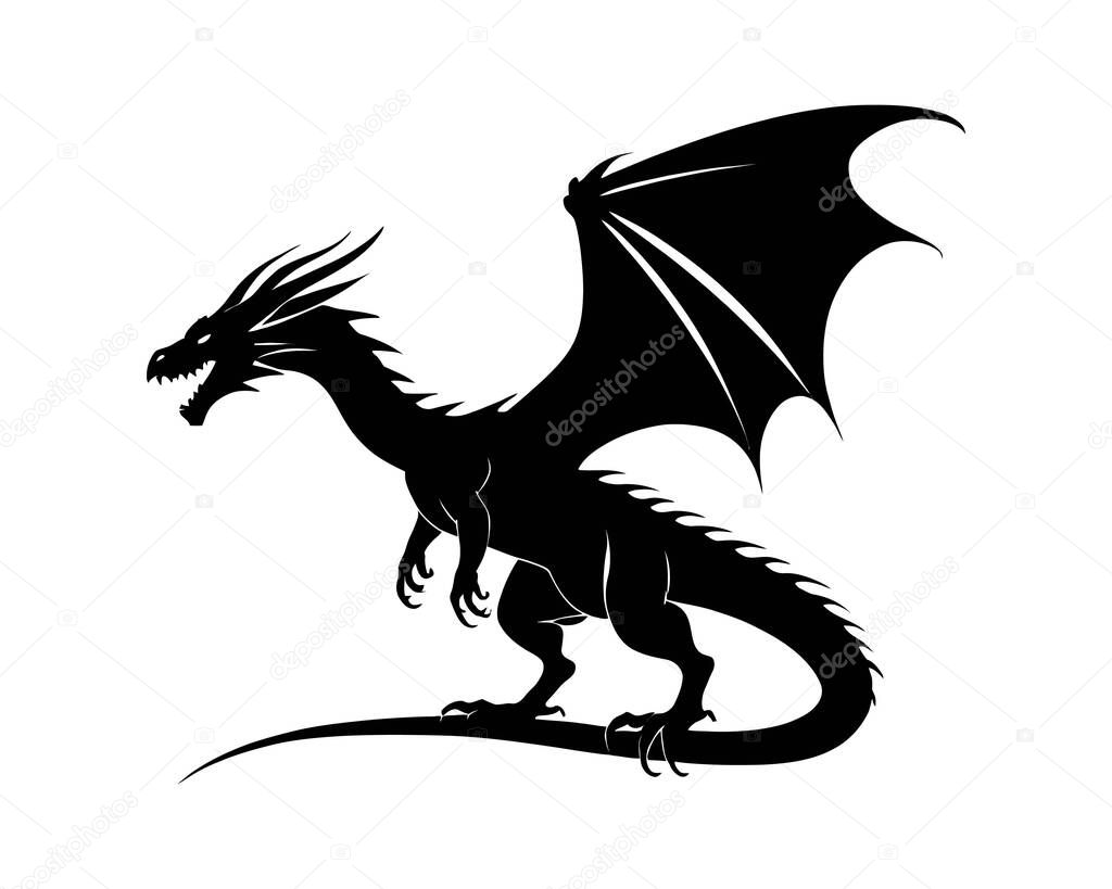 Silhouette of black dragon isolated on white background vector illustration. western mythology wyverns.