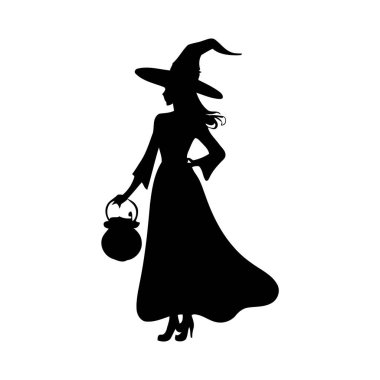 Cadı siluetleri vektör illüstrasyonları. Cadılar Bayramı cadısı için siyah beyaz çizen efsanevi karakterler. Cadı şapkası klipsli sanatta sihirli bir kadın. - Evet. Vektör illüstrasyonu
