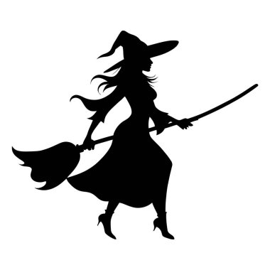 Cadı siluetleri vektör illüstrasyonları. Cadılar Bayramı cadısı için siyah beyaz çizen efsanevi karakterler. Cadı şapkası klipsli sanatta sihirli bir kadın. - Evet. Vektör illüstrasyonu