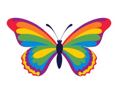 Gökkuşağı renkli kelebek. Gurur ayı konsept tasarımı. Kırtasiye, kupa, tişört, telefon kulübesi moda sloganı bahar çıkartmaları için LGBT kelebeği. Vektör illüstrasyonu