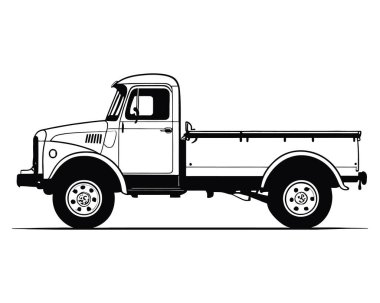 Vintage kamyonet vektör silueti çizimi. Eski bir çiftçi pikap arabası. Klasik otomotiv. Beyaz arka planda izole edilmiş eski Amerikan kamyon logosu. - Evet. Vektör illüstrasyonu