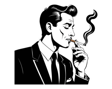 Sigara içen şapkalı eski moda bir adamın silueti. Retro, vektör çizimi, klasik el çizimi klip sanatı. Vektör illüstrasyonu