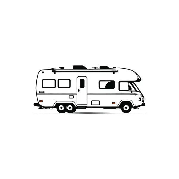 Karavan karavanı motorlu ev silueti. Campervan karavan aracı beyazda izole edilmiş. Kamp arabası, seyahat SUV, pikap, kamyon ve ulaşım vektör çizimi. Elle çizilmiş klipsli sanat. Vektör