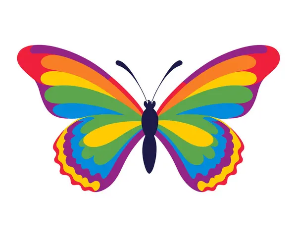 Gökkuşağı renkli kelebek. Gurur ayı konsept tasarımı. Kırtasiye, kupa, tişört, telefon kulübesi moda sloganı bahar çıkartmaları için LGBT kelebeği. Vektör illüstrasyonu
