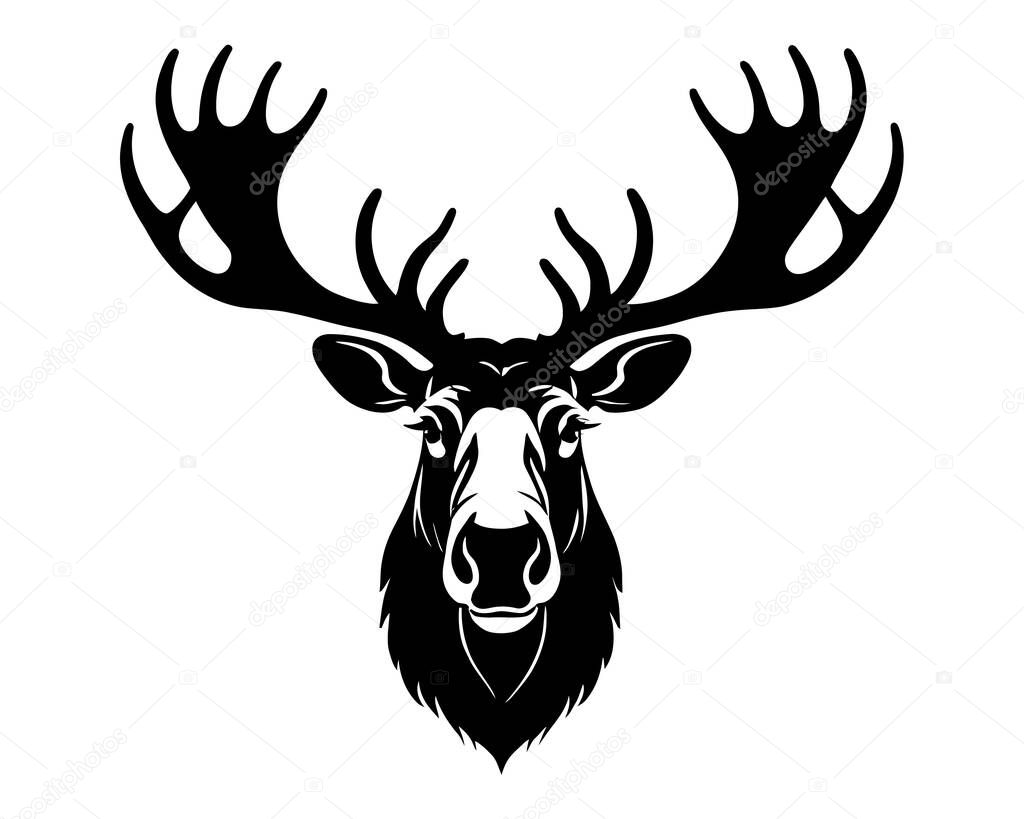 Silhouette of a moose head isolated in white background. Elk head. Reindeer head. Wild animal. Hunting logo. vector illustration clip art. . Vector illustration