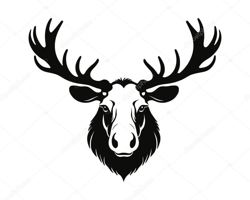 Silhouette of a moose head isolated in white background. Elk head. Reindeer head. Wild animal. Hunting logo. vector illustration clip art. . Vector illustration