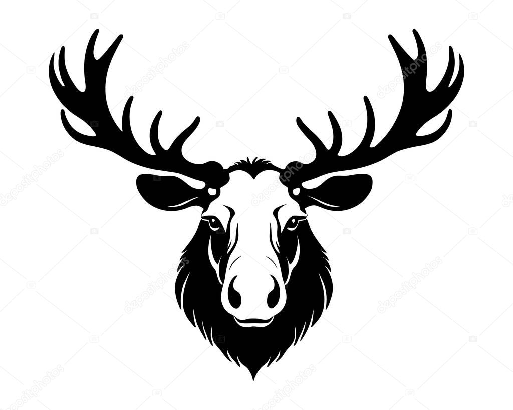 Silhouette of a moose head isolated in white background. Elk head. Reindeer head. Wild animal. Hunting logo. vector illustration clip art. . Vector illustration