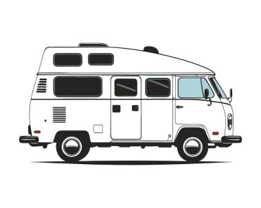 Karavan karavanı motorlu ev silueti. Campervan karavan aracı beyazda izole edilmiş. Kamp arabası, seyahat SUV, pikap, kamyon ve ulaşım vektör çizimi. Elle çizilmiş klipsli sanat. Vektör