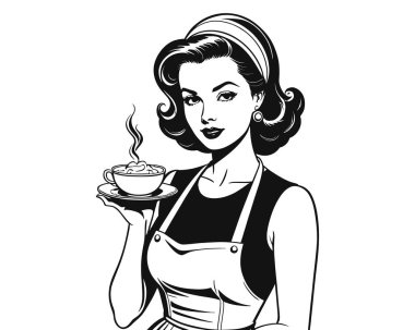 80 'lerin modası geçmiş el çizimleri. Garson kız kahve ya da çay servisi yapıyor. Klasik tarzında bir bayan barista. Güzel bayan bir restoran garsonu ya da kahve dükkanı. Vektör çizimi. Vektör illüstrasyonu