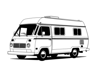 Karavan karavanı motorlu ev silueti. Campervan karavan aracı beyazda izole edilmiş. Kamp arabası, seyahat SUV, pikap, kamyon ve ulaşım vektör çizimi. Elle çizilmiş klipsli sanat. Vektör