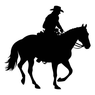 Klasik kovboy at silueti ve geniş kenarlı şapka batı kahramanlığını, çiftlik becerilerini ve haşin sınır ruhunu temsil ediyor. Vektör illüstrasyonu