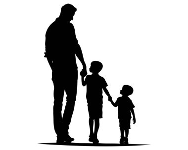 Çocuklarıyla el ele tutuşan bir babanın silüeti. Babalar Günü şablon tasarımı. Baba ve oğul birlikte yürüyorlar. - Evet. Vektör illüstrasyonu