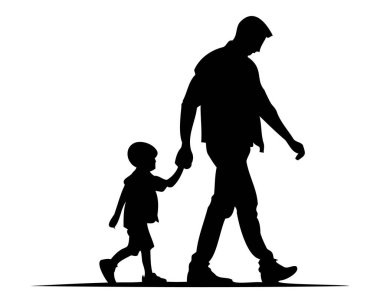 Çocuklarıyla el ele tutuşan bir babanın silüeti. Baba ve oğul birlikte yürüyorlar. Babalar Günü şablon tasarımı. - Evet. Vektör illüstrasyonu