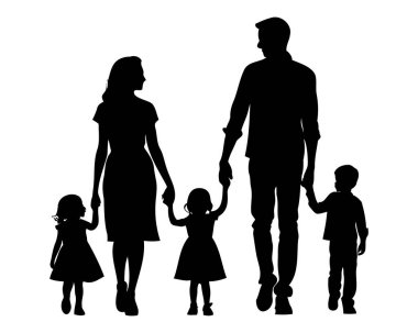 Nükleer bir ailenin silueti. Ebeveynler ve çocuklar. Baba, anne, oğul, kız. Erkek, kadın, erkek, erkek, resim çiziyor. - Evet. Vektör illüstrasyonu