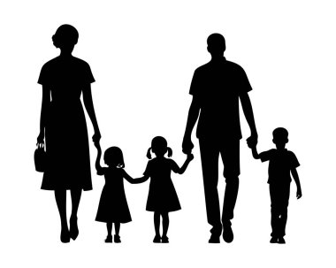 Ebeveynler ve çocuklar. Nükleer bir ailenin silueti. Baba, anne, oğul, illüstrasyon. Erkek kadın kız oğlan şablonu. - Evet. Vektör illüstrasyonu