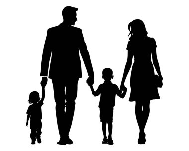 Nükleer bir ailenin silueti. Ebeveynler ve çocuklar. Baba, anne, oğul, kız çizimi. Erkek kadın kız oğlan şablonu. - Evet. Vektör illüstrasyonu