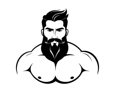 Güçlü adam fitness ikonu ya da logo şablonu. Sakallı, kaslı bir vücut geliştiricinin portresi. Siyah ve beyaz siluet çizimi. Vektör illüstrasyonu