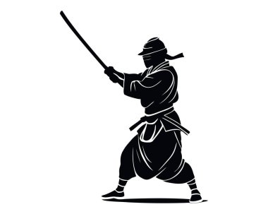 Kendo dövüş sanatları atleti silueti. Geleneksel dövüş sporları. Samuray ninja dövüşçüleri sanat klipleri. - Evet. Vektör illüstrasyonu