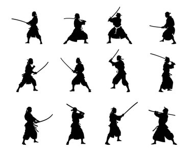 Kendo dövüş sanatları atleti silueti. Geleneksel dövüş sporları. Samuray ninja dövüşçüleri sanat resimlerini klipsliyor. - Evet. Vektör illüstrasyonu