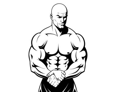 Güçlü adam fitness ikonu ya da logo şablonu. Kel kaslı bir vücut geliştiricinin portresi. Siyah ve beyaz siluet çizimi. - Evet. Vektör illüstrasyonu