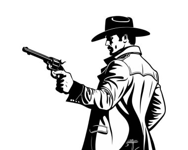 Kovboy şapkalı ve silahlı bir adam. Eski Vahşi Batı Haydutları, resimli siluet çekiyorlar. - Evet. Vektör illüstrasyonu