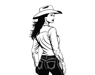 Cowboy Hat Şapkalı Güzel Vahşi Batı Kadını Sınır Özgürlüğünü Yakalama, Güney Zarafeti, Rodeo Gururu ve Batı Macera İllüstrasyonu. Vektör illüstrasyonu
