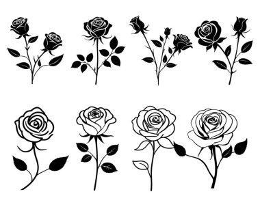Yapraklı ve saplı dekoratif güller. Güzel çiçek açan, siyah beyaz resimli silüet. - Evet. Vektör illüstrasyonu