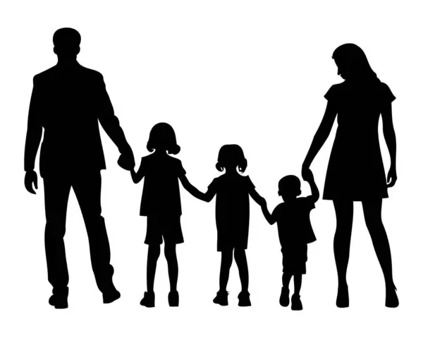 Nükleer bir ailenin silueti. Ebeveynler ve çocuklar. Baba, anne, oğul, kız çizimi. Erkek kadın kız oğlan şablonu tasarımı. - Evet. Vektör illüstrasyonu