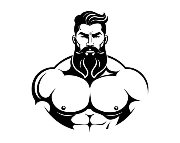 Sakallı, kaslı bir vücut geliştiricinin portresi. Siyah ve beyaz siluet çizimi. Güçlü erkek fitness ikonu veya logo tasarım şablonu. Vektör illüstrasyonu