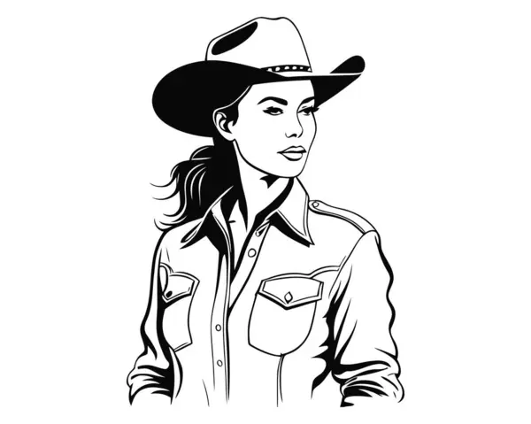 Kovboy Şapkalı Güneyli Kovboy Kız Silueti ve Vahşi Batı Ruhunu, Rodeo Yaşamı 'nı, Country Style' ı ve Özgür Ruhlu Sınır Kadınlarını sembolize eden Özgüvenli Poz. Vektör illüstrasyonu