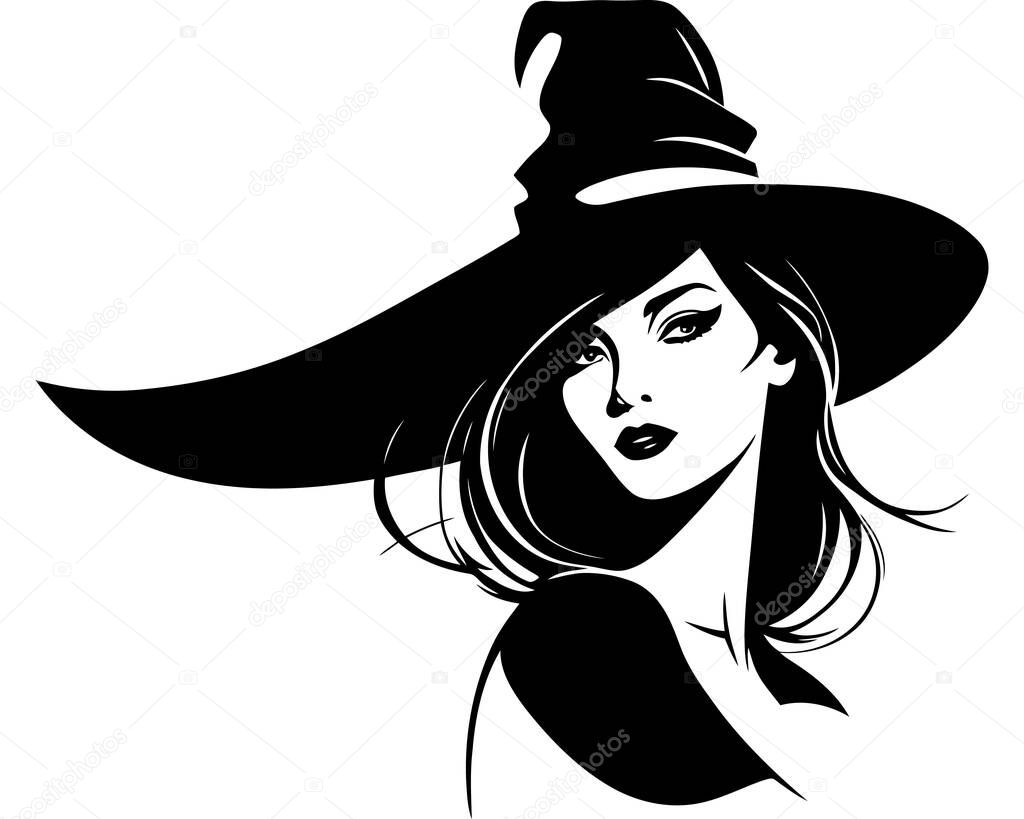 Beautiful witch portrait. illustration of a fashion model with long hair wearing a witch hat. . Vector illustration