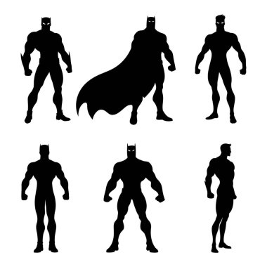 Süper Kahramanlar Silueti Güçlü Temsil Gücü, Cesaret, Takım Birliği, Çizgi Roman Kahramanları, Fantezi Karakterleri ve Vector Illustration 'daki Destansı Macera Temaları. Vektör illüstrasyonu