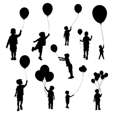 Genç oğlanlar, çocuklar ya da balon siluetiyle oynayan çocuklar. Doğum günü partisi, pasta, hediye, beyazlar içinde izole edilmiş. - Evet. Vektör illüstrasyonu