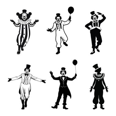 Komik Sanatçılar, Komedi Oyuncuları, Hokkabazlık, Balon Sanatçıları ve Neşeli Eğlence Karakterleri 'nin Vector Set of Circus and Party Palyaço Siluetleri. Vektör illüstrasyonu