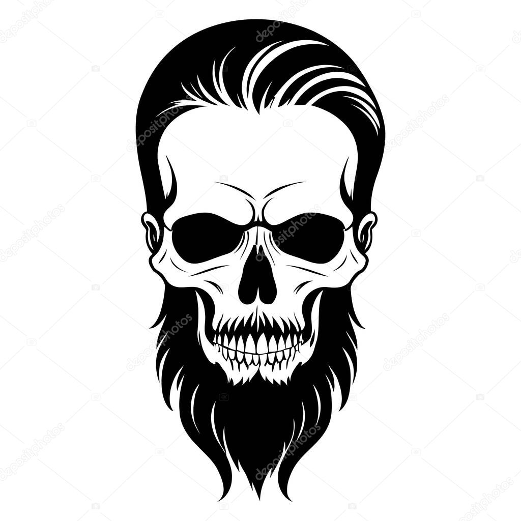Vector silhouette of a skull with a stylish beard and hair, isolated in white. Ideal for edgy tattoos, logos, and digital designs.