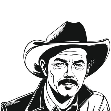 Beyaz izole edilmiş kovboy portresinin vektör silueti. Batı temalı tasarımlar, logolar ve dijital sanat eserleri için ideal. - Evet. Vektör illüstrasyonu