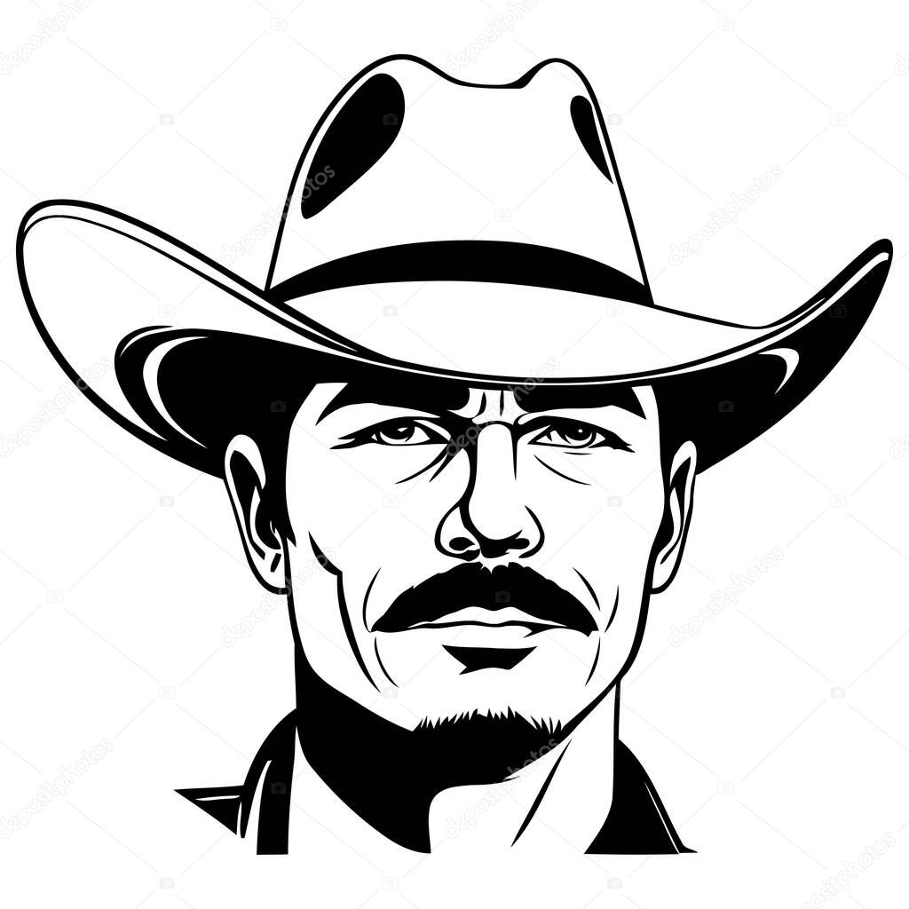 Vector silhouette of a cowboy portrait, isolated in white. Ideal for western-themed designs, logos, and digital artwork. . Vector illustration
