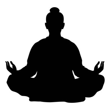 Açık havada meditasyon yapan adamın silueti sükuneti, doğa bağlantısını ve vektör ilülasyonunda zihinsel sağlığını yansıtıyor. Vektör illüstrasyonu