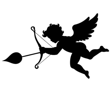 Aşk Tanrısı 'nın Silueti' nin Yay ve Ok ile Aşk Romantizmi, Sevgililer Günü 'nü ve Vector Illustration Style' daki Şefkatli Sembolizm 'i temsil ediyor. Vektör illüstrasyonu