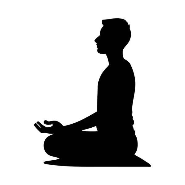 Aydınlanmayı, Enerji Akımını ve Yaratıcı İllüzyonda Ruhani Uyanışı temsil eden Yüzen Elementlerle Meditasyon 'un Vector Silhouette' si. Vektör illüstrasyonu
