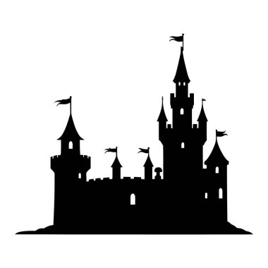 Ortaçağ kalesinin izole edilmiş siluet vektörü, beyaz kale detaylarıyla, peri masalı tasarımları, fantezi oyunu sanatı, hikaye kitabı görselleri, ya da büyülü krallık damgası ve süslemeleri için ideal. Vektör